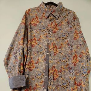 CREMIEUX  modern floral print on gray rough line stipe Casual button down shirt.